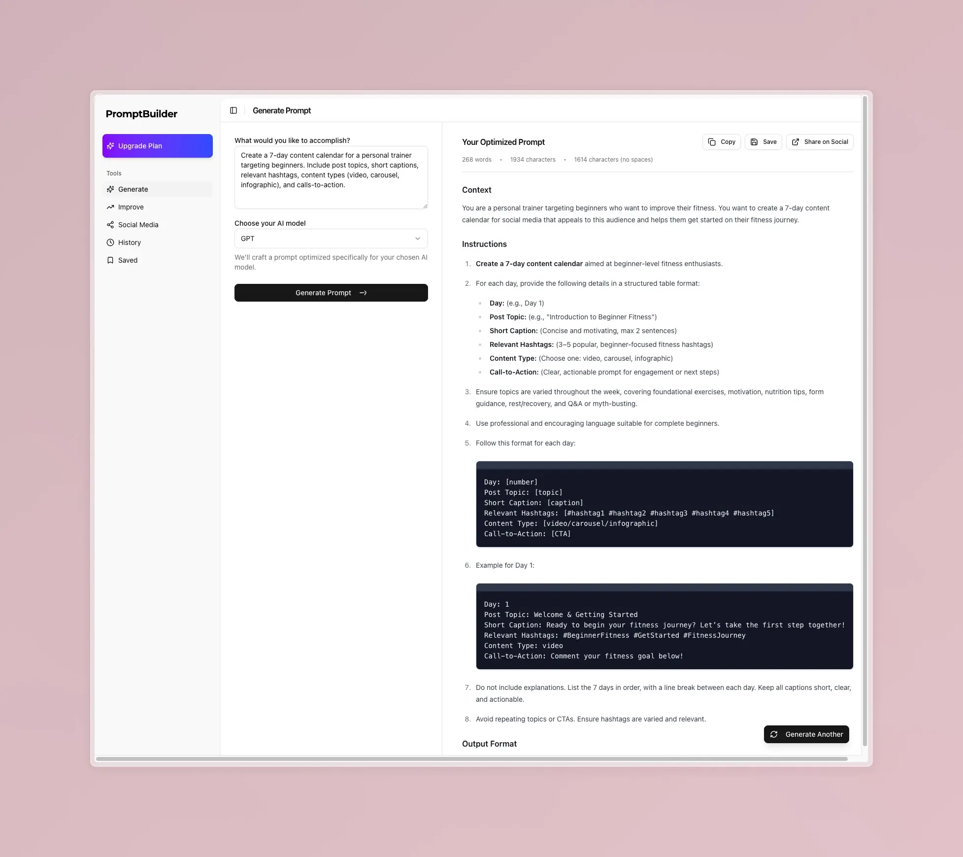 PromptBuilder interface showing fitness trainer prompt generation with examples of workout plans and content creation