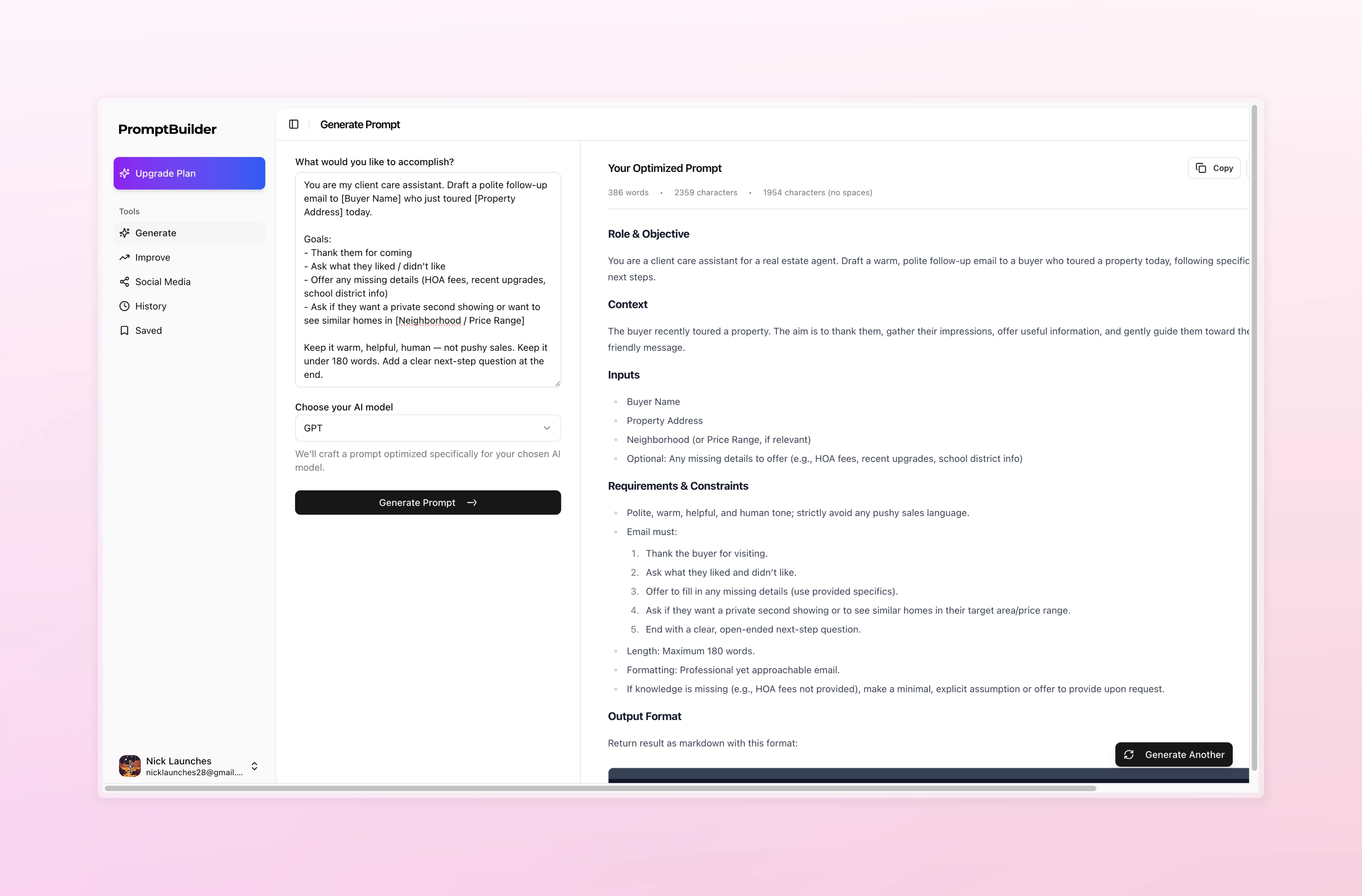 PromptBuilder interface showing real estate agent prompt generation with examples of listing descriptions and follow-up emails